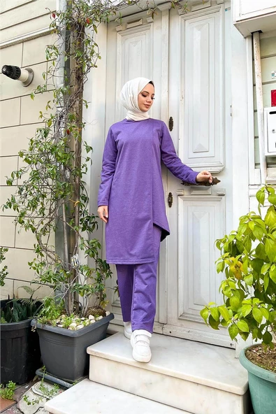 Kruvaze Bisiklet Yaka Sade Basic Tunik Panolon İkili Takım - 03076.207 - Koyu Lila - Resim 3
