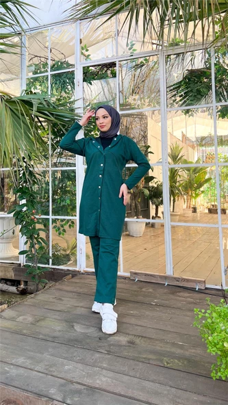 Çıtçıtlı Kapşonlu Uzun Tunik Pantolon İkili Tesettür Eşofman Takımı - 03078.021 - Nefti - Resim 5