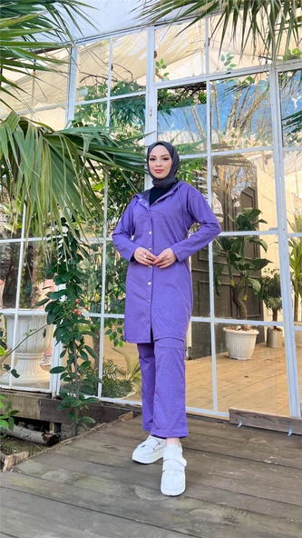 Çıtçıtlı Kapşonlu Uzun Tunik Pantolon İkili Tesettür Eşofman Takımı - 03078.207 - Koyu Lila ürün görseli
