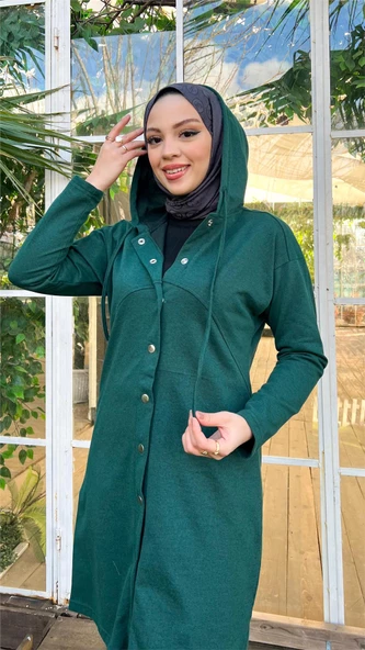 Çıtçıtlı Kapşonlu Uzun Tunik Pantolon İkili Tesettür Eşofman Takımı - 03078.021 - Nefti - Resim 7