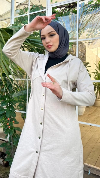 Çıtçıtlı Kapşonlu Uzun Tunik Pantolon İkili Tesettür Eşofman Takımı - 03078.027 - Ekru - 10