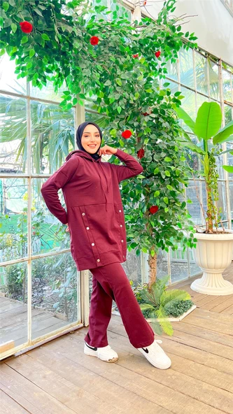 Kapşonlu Çıtçıt Detaylı Kısa Sweat Pantolon İkili Tesettür Eşofman Takımı - 03079.020 - Mürdüm - Resim 3