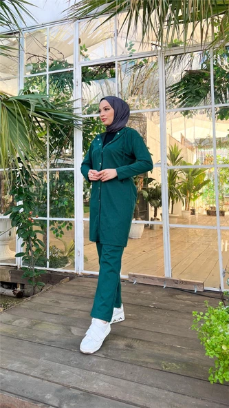 Çıtçıtlı Kapşonlu Uzun Tunik Pantolon İkili Tesettür Eşofman Takımı - 03078.021 - Nefti - Resim 2