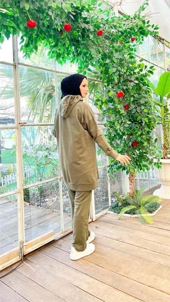 Kapşonlu Çıtçıt Detaylı Kısa Sweat Pantolon İkili Tesettür Eşofman Takımı - 03079.005 - Haki - Resim 7