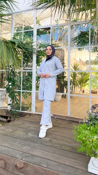 Çıtçıtlı Kapşonlu Uzun Tunik Pantolon İkili Tesettür Eşofman Takımı - 03078.008 - Gri - Resim 3