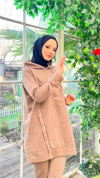 Kapşonlu Çıtçıt Detaylı Kısa Sweat Pantolon İkili Tesettür Eşofman Takımı - 03079.016 - Vizon - Resim 9