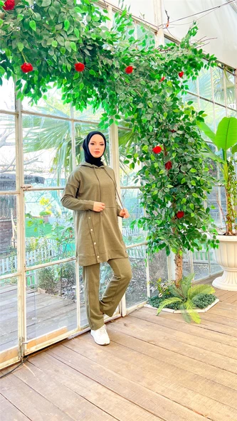 Kapşonlu Çıtçıt Detaylı Kısa Sweat Pantolon İkili Tesettür Eşofman Takımı - 03079.005 - Haki - Resim 2