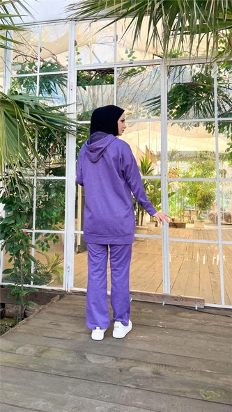 Kapşonlu Çıtçıt Detaylı Kısa Sweat Pantolon İkili Tesettür Eşofman Takımı - 03079.207 - Koyu Lila - Resim 8