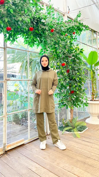 Kapşonlu Çıtçıt Detaylı Kısa Sweat Pantolon İkili Tesettür Eşofman Takımı - 03079.005 - Haki ürün görseli