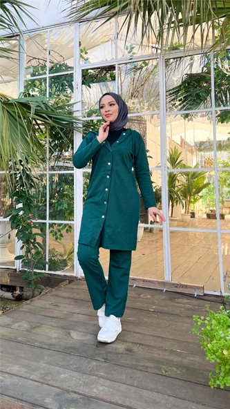 Çıtçıtlı Kapşonlu Uzun Tunik Pantolon İkili Tesettür Eşofman Takımı - 03078.021 - Nefti - Resim 4