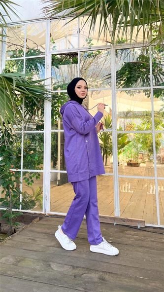 Kapşonlu Çıtçıt Detaylı Kısa Sweat Pantolon İkili Tesettür Eşofman Takımı - 03079.207 - Koyu Lila - Resim 7