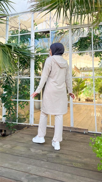 Çıtçıtlı Kapşonlu Uzun Tunik Pantolon İkili Tesettür Eşofman Takımı - 03078.027 - Ekru - 9