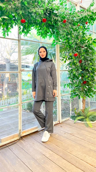 Kapşonlu Çıtçıt Detaylı Kısa Sweat Pantolon İkili Tesettür Eşofman Takımı - 03079.017 - Antrasit ürün görseli
