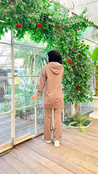 Kapşonlu Çıtçıt Detaylı Kısa Sweat Pantolon İkili Tesettür Eşofman Takımı - 03079.016 - Vizon - Resim 7