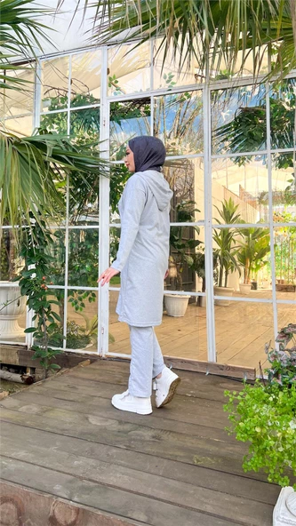 Çıtçıtlı Kapşonlu Uzun Tunik Pantolon İkili Tesettür Eşofman Takımı - 03078.008 - Gri - Resim 6