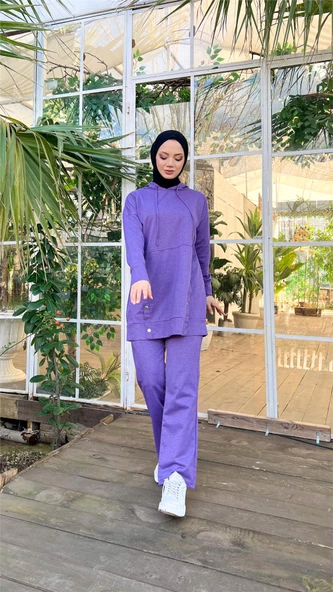 Kapşonlu Çıtçıt Detaylı Kısa Sweat Pantolon İkili Tesettür Eşofman Takımı - 03079.207 - Koyu Lila - Resim 4