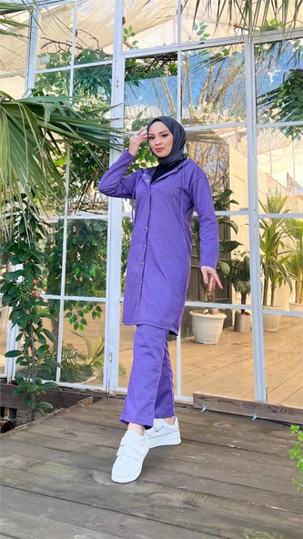 Çıtçıtlı Kapşonlu Uzun Tunik Pantolon İkili Tesettür Eşofman Takımı - 03078.207 - Koyu Lila - Resim 6