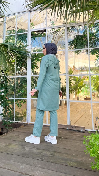 Çıtçıtlı Kapşonlu Uzun Tunik Pantolon İkili Tesettür Eşofman Takımı - 03078.100 - Çağla Yeşili - Resim 5