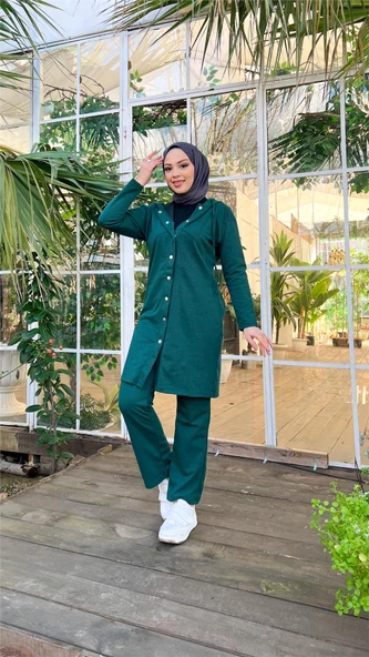 Çıtçıtlı Kapşonlu Uzun Tunik Pantolon İkili Tesettür Eşofman Takımı - 03078.021 - Nefti - Resim 3