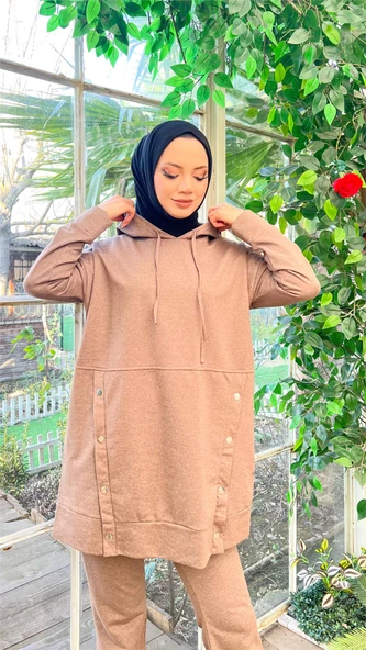 Kapşonlu Çıtçıt Detaylı Kısa Sweat Pantolon İkili Tesettür Eşofman Takımı - 03079.016 - Vizon - Resim 8