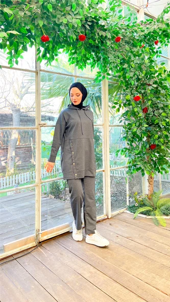 Kapşonlu Çıtçıt Detaylı Kısa Sweat Pantolon İkili Tesettür Eşofman Takımı - 03079.017 - Antrasit - Resim 5
