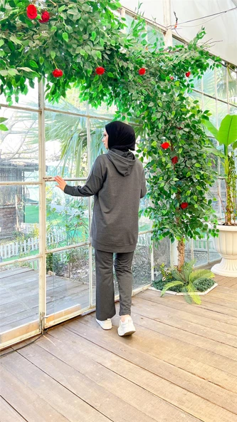 Kapşonlu Çıtçıt Detaylı Kısa Sweat Pantolon İkili Tesettür Eşofman Takımı - 03079.017 - Antrasit - Resim 8