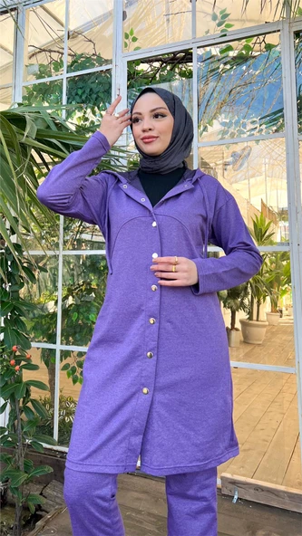 Çıtçıtlı Kapşonlu Uzun Tunik Pantolon İkili Tesettür Eşofman Takımı - 03078.207 - Koyu Lila - Resim 10