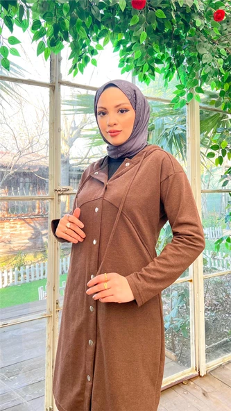 Çıtçıtlı Kapşonlu Uzun Tunik Pantolon İkili Tesettür Eşofman Takımı - 03078.028 - Kahverengi - Resim 7