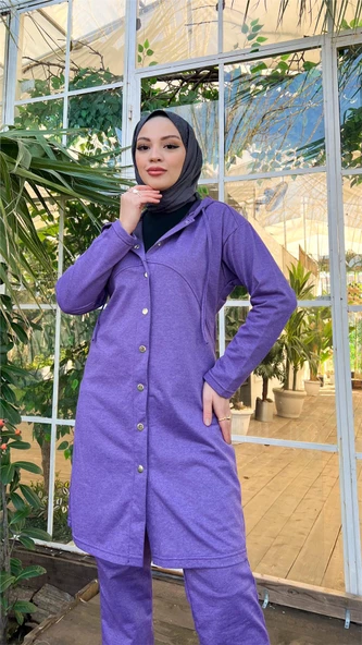 Çıtçıtlı Kapşonlu Uzun Tunik Pantolon İkili Tesettür Eşofman Takımı - 03078.207 - Koyu Lila - Resim 11