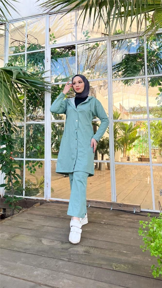 Çıtçıtlı Kapşonlu Uzun Tunik Pantolon İkili Tesettür Eşofman Takımı - 03078.100 - Çağla Yeşili - Resim 3