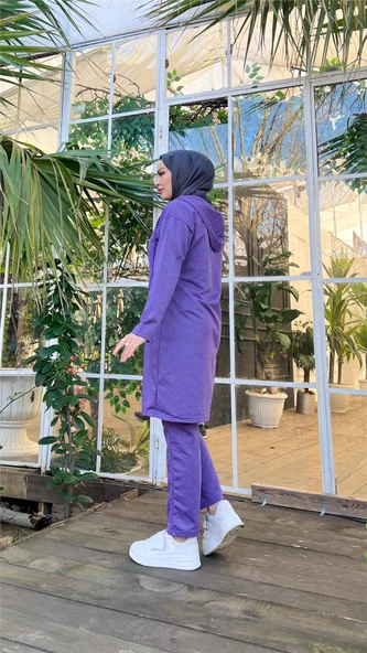 Çıtçıtlı Kapşonlu Uzun Tunik Pantolon İkili Tesettür Eşofman Takımı - 03078.207 - Koyu Lila - Resim 7