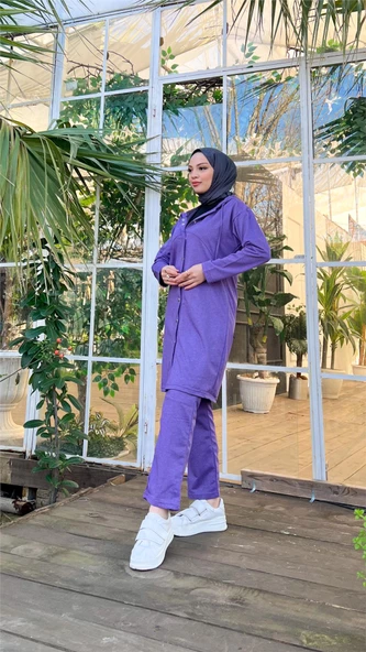 Çıtçıtlı Kapşonlu Uzun Tunik Pantolon İkili Tesettür Eşofman Takımı - 03078.207 - Koyu Lila - Resim 5