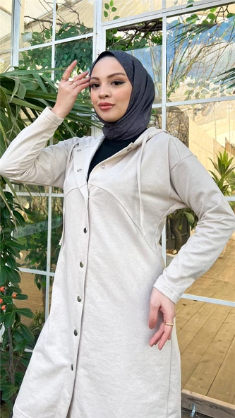 Çıtçıtlı Kapşonlu Uzun Tunik Pantolon İkili Tesettür Eşofman Takımı - 03078.027 - Ekru - 11