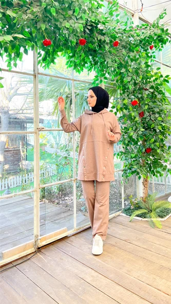 Kapşonlu Çıtçıt Detaylı Kısa Sweat Pantolon İkili Tesettür Eşofman Takımı - 03079.016 - Vizon - Resim 5