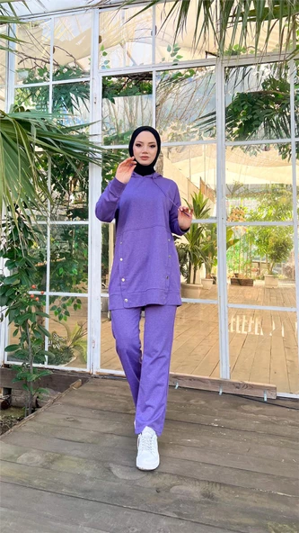 Kapşonlu Çıtçıt Detaylı Kısa Sweat Pantolon İkili Tesettür Eşofman Takımı - 03079.207 - Koyu Lila - Resim 3