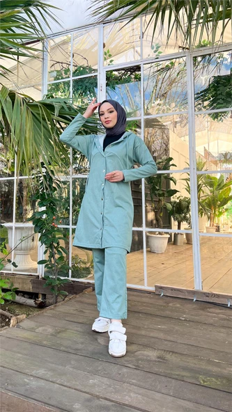 Çıtçıtlı Kapşonlu Uzun Tunik Pantolon İkili Tesettür Eşofman Takımı - 03078.100 - Çağla Yeşili ürün görseli