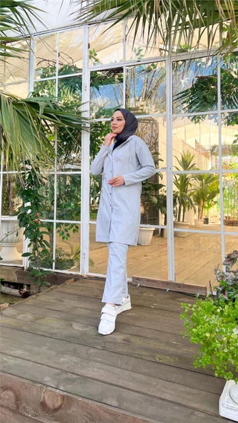 Çıtçıtlı Kapşonlu Uzun Tunik Pantolon İkili Tesettür Eşofman Takımı - 03078.008 - Gri - Resim 4