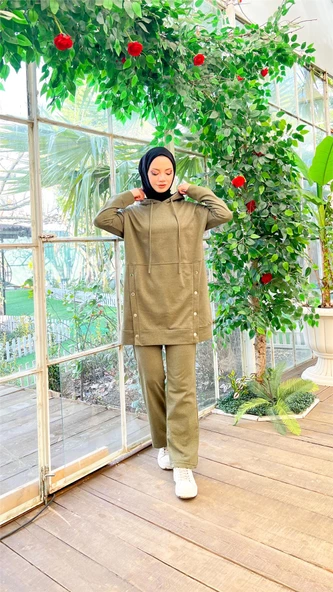 Kapşonlu Çıtçıt Detaylı Kısa Sweat Pantolon İkili Tesettür Eşofman Takımı - 03079.005 - Haki - Resim 5