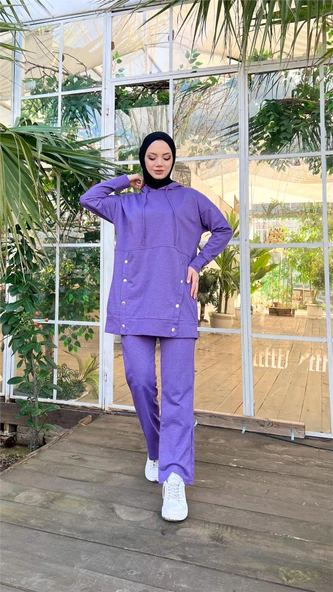 Kapşonlu Çıtçıt Detaylı Kısa Sweat Pantolon İkili Tesettür Eşofman Takımı - 03079.207 - Koyu Lila - Resim 5