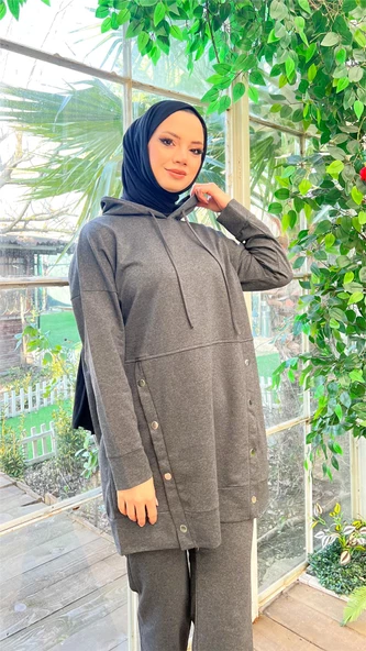 Kapşonlu Çıtçıt Detaylı Kısa Sweat Pantolon İkili Tesettür Eşofman Takımı - 03079.017 - Antrasit - Resim 7