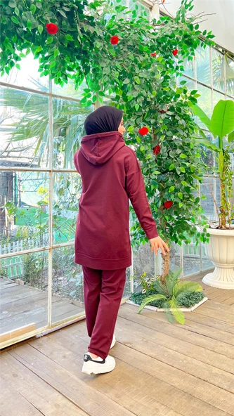 Kapşonlu Çıtçıt Detaylı Kısa Sweat Pantolon İkili Tesettür Eşofman Takımı - 03079.020 - Mürdüm - Resim 6