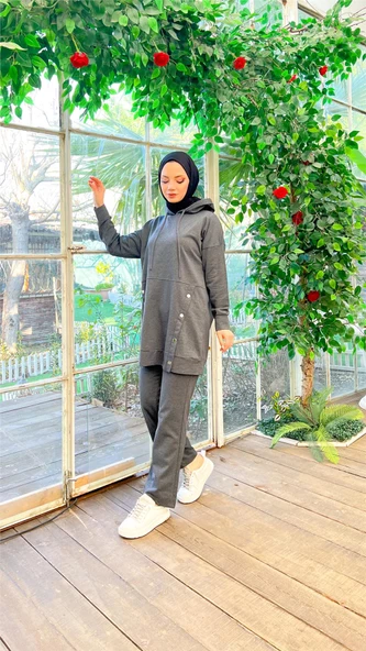 Kapşonlu Çıtçıt Detaylı Kısa Sweat Pantolon İkili Tesettür Eşofman Takımı - 03079.017 - Antrasit - Resim 4