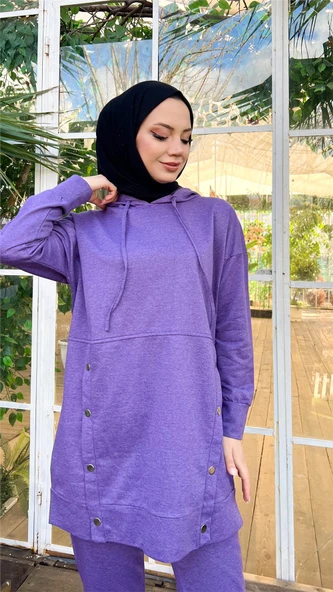 Kapşonlu Çıtçıt Detaylı Kısa Sweat Pantolon İkili Tesettür Eşofman Takımı - 03079.207 - Koyu Lila - Resim 9