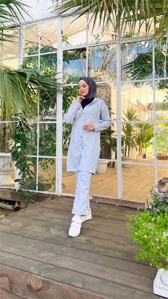 Çıtçıtlı Kapşonlu Uzun Tunik Pantolon İkili Tesettür Eşofman Takımı - 03078.008 - Gri - Resim 5