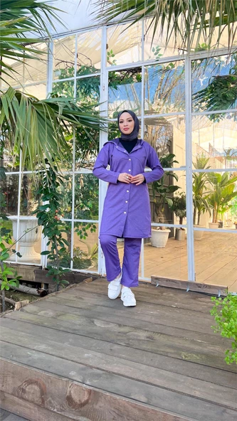 Çıtçıtlı Kapşonlu Uzun Tunik Pantolon İkili Tesettür Eşofman Takımı - 03078.207 - Koyu Lila - Resim 9