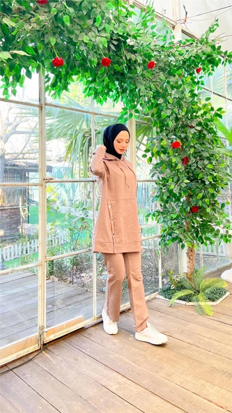 Kapşonlu Çıtçıt Detaylı Kısa Sweat Pantolon İkili Tesettür Eşofman Takımı - 03079.016 - Vizon - Resim 6