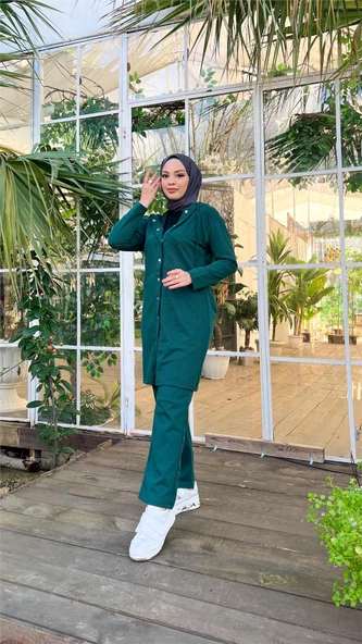 Çıtçıtlı Kapşonlu Uzun Tunik Pantolon İkili Tesettür Eşofman Takımı - 03078.021 - Nefti ürün görseli