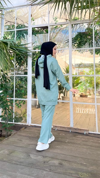 Kapşonlu Çıtçıt Detaylı Kısa Sweat Pantolon İkili Tesettür Eşofman Takımı - 03079.100 - Çağla Yeşili - Resim 9