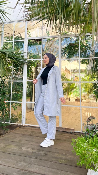 Çıtçıtlı Kapşonlu Uzun Tunik Pantolon İkili Tesettür Eşofman Takımı - 03078.008 - Gri - Resim 2