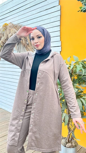 Çıtçıtlı Kapşonlu Uzun Tunik Pantolon İkili Tesettür Eşofman Takımı - 03078.016 - Vizon - 8